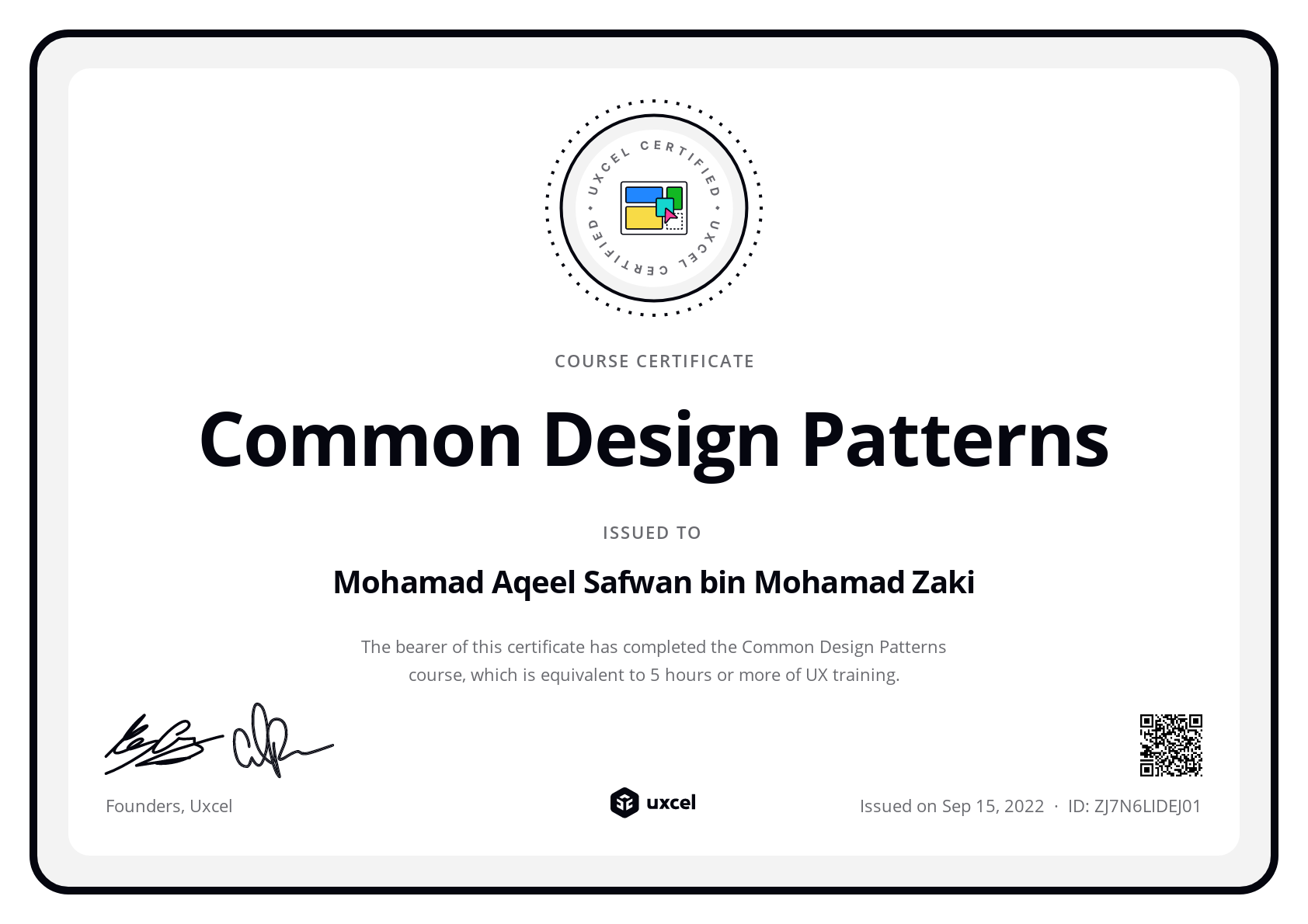 Mohamad Aqeel Safwan bin Mohamad Zaki's certificate
